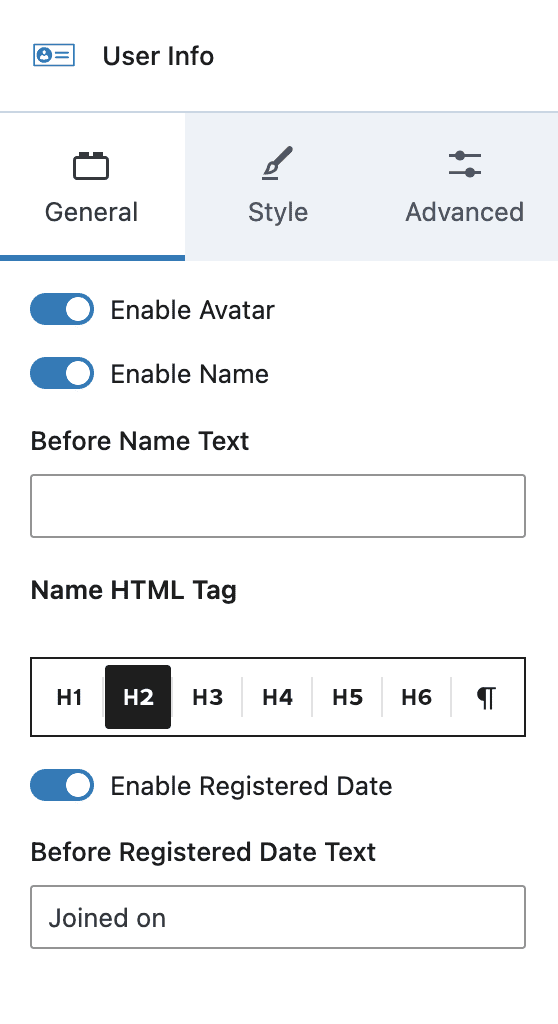 User Info block - General Settings
