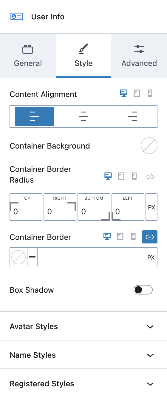 User Info block - Style Settings
