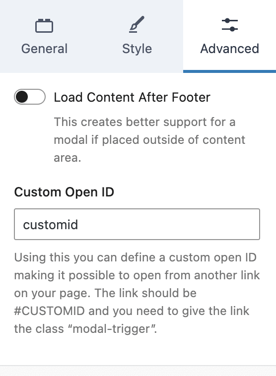 Modal Block - Advanced Settings - Custom Open ID