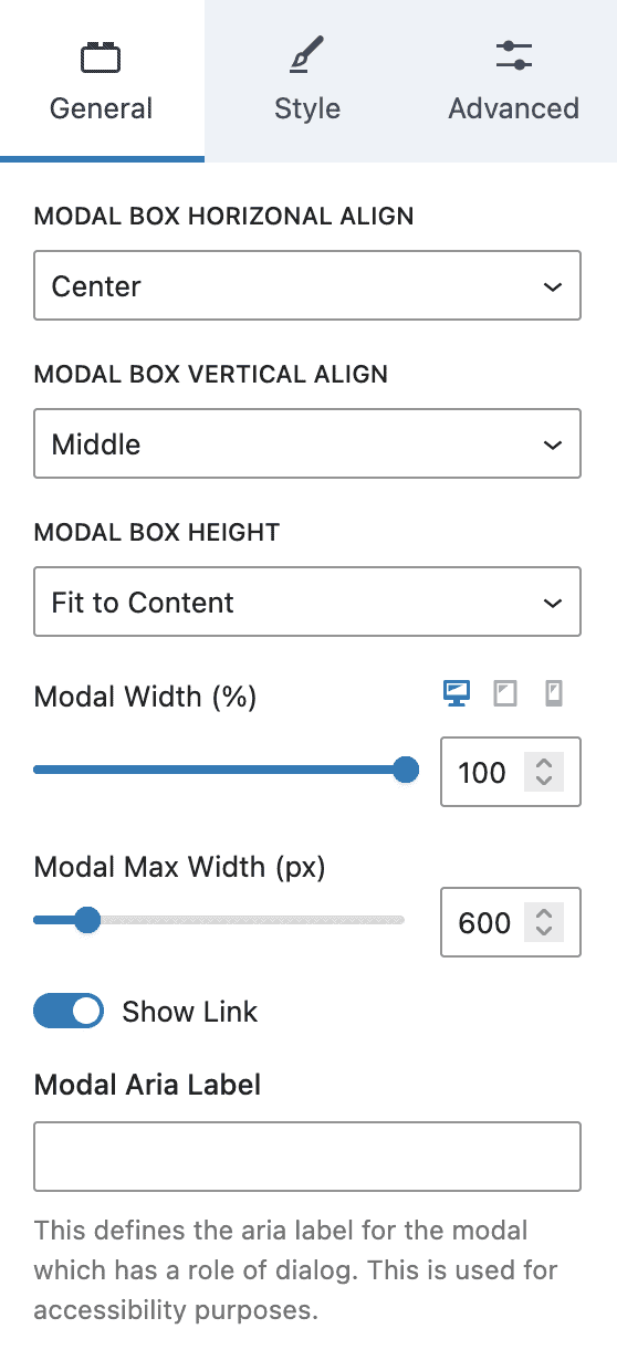 Modal Block - General Settings