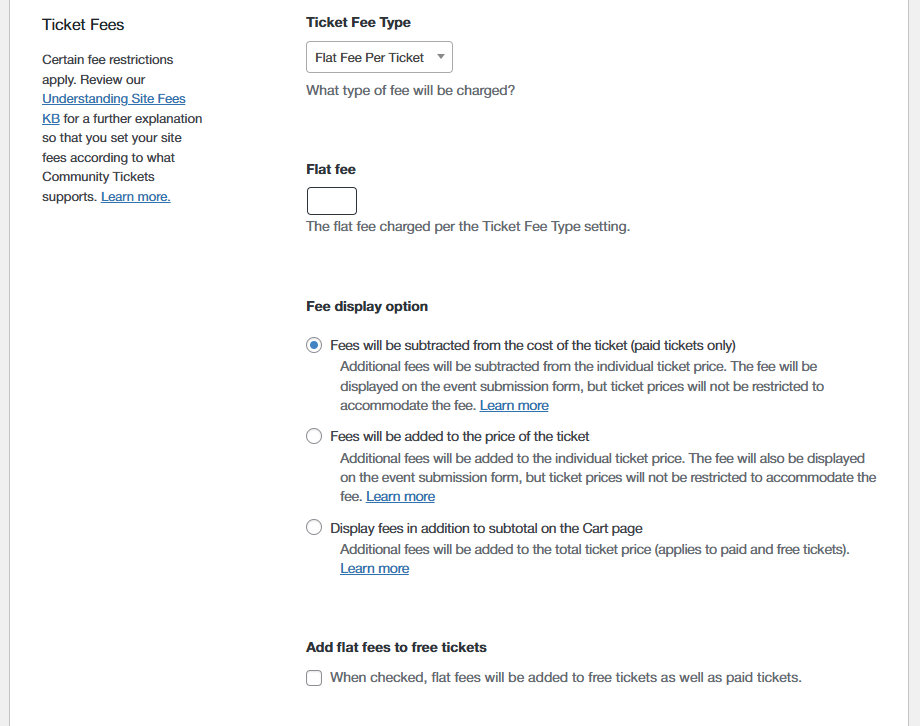 The Ticket Fees settings section