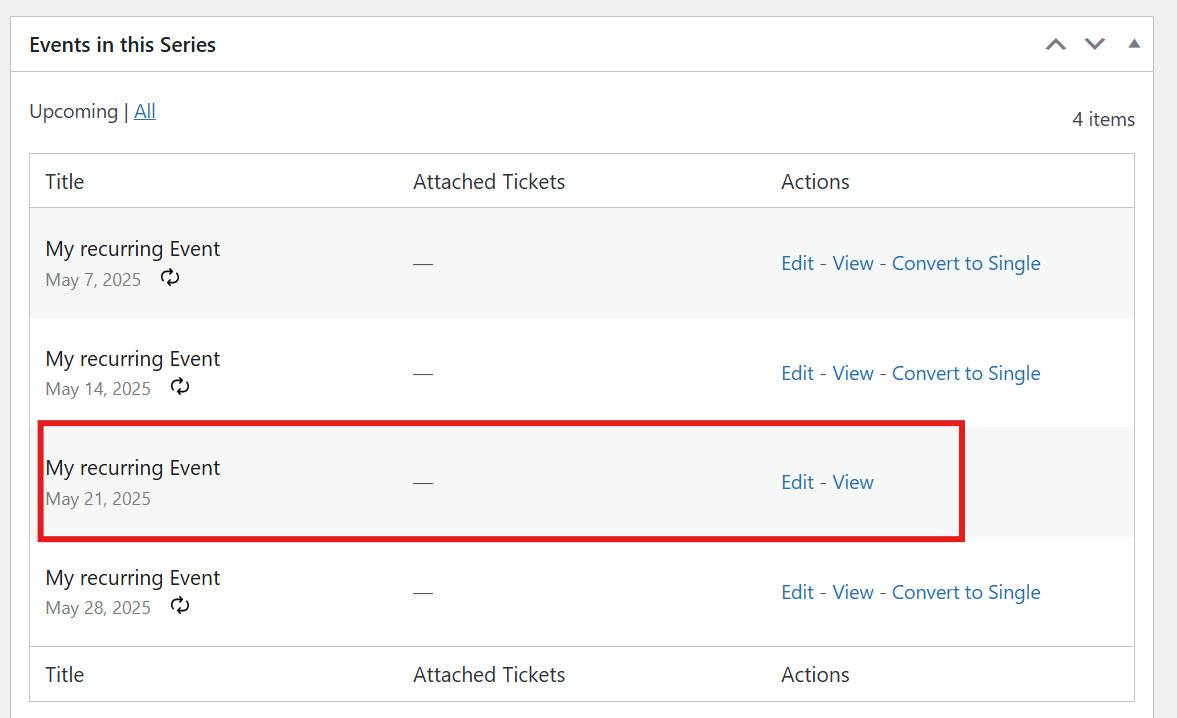 The edited instance shown as a single event within the Series listing