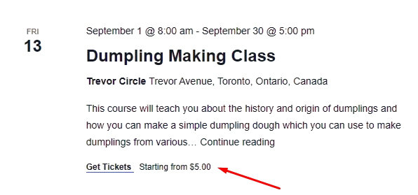 Event cost showing 'Starting from $5' instead of a full price range