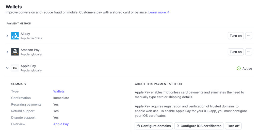Stripe Wallets Apple Pay setting