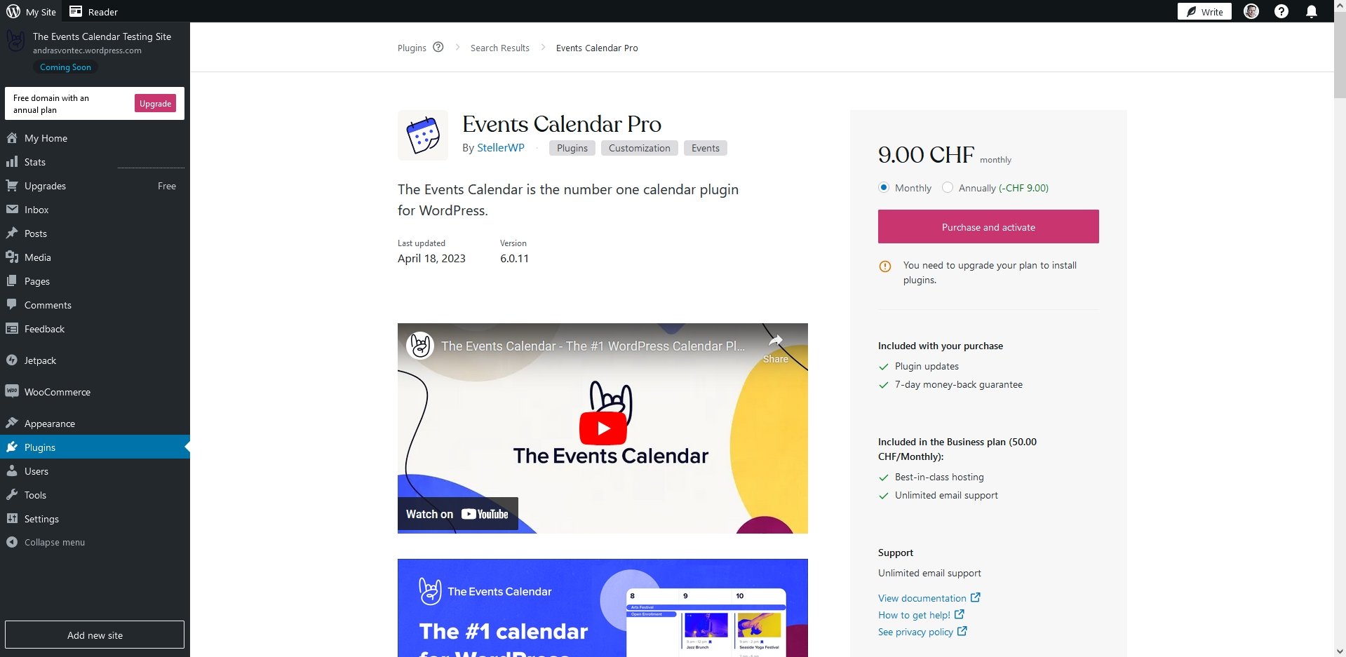 A screen on WordPress.com that allows people to upgrade to The Events Calendar Pro