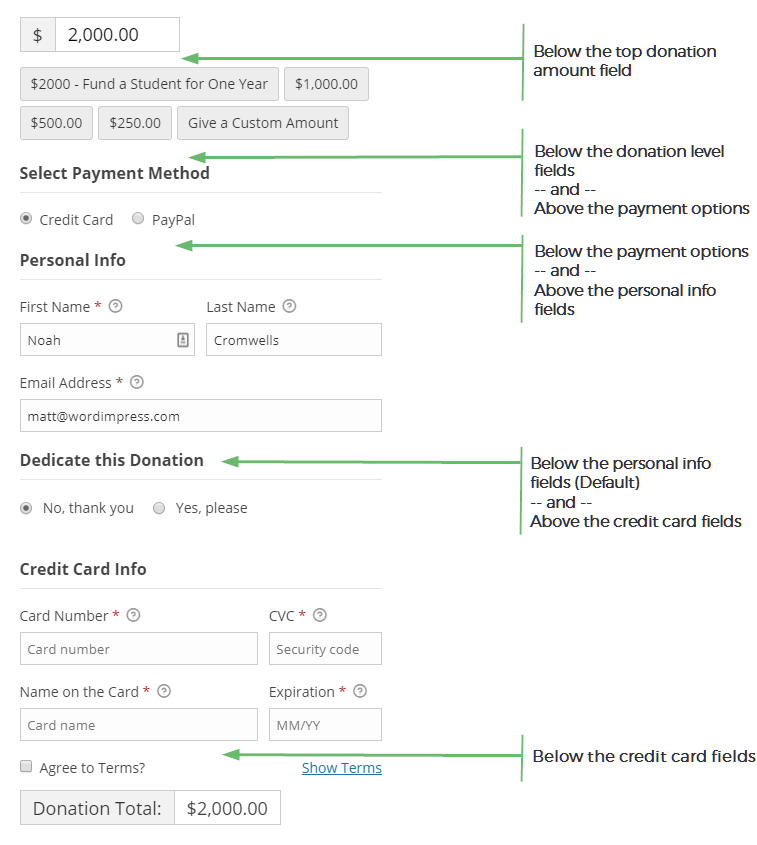 The Tribute positions in a Give donation form.