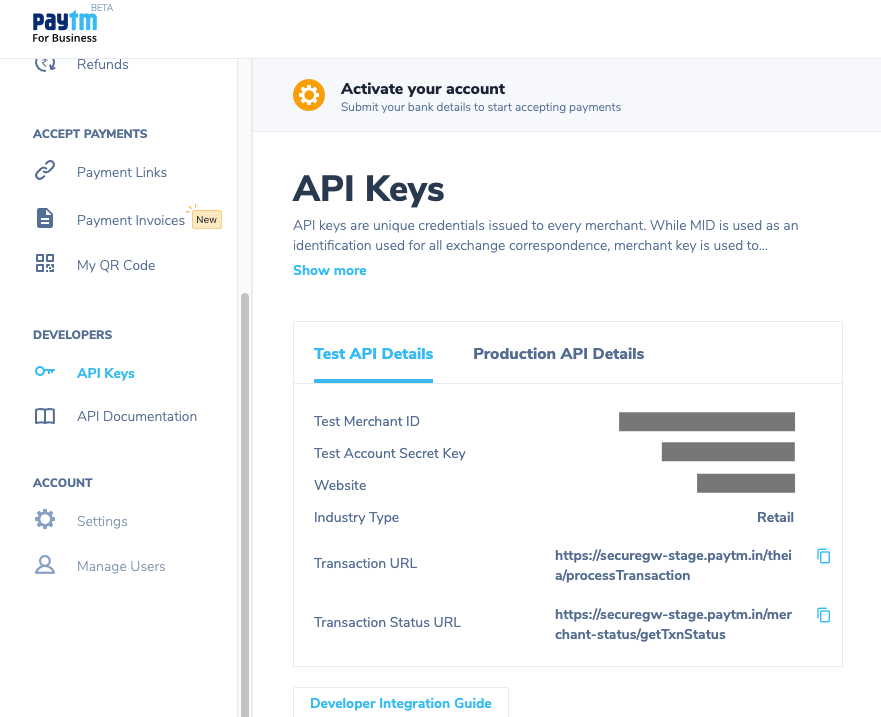 Paytm API keys for testing
