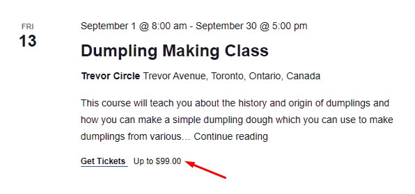 Event cost showing 'Up to $50' instead of a full price range