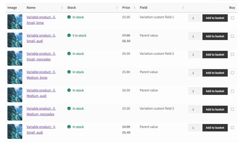 Variation custom fields on shop and category page