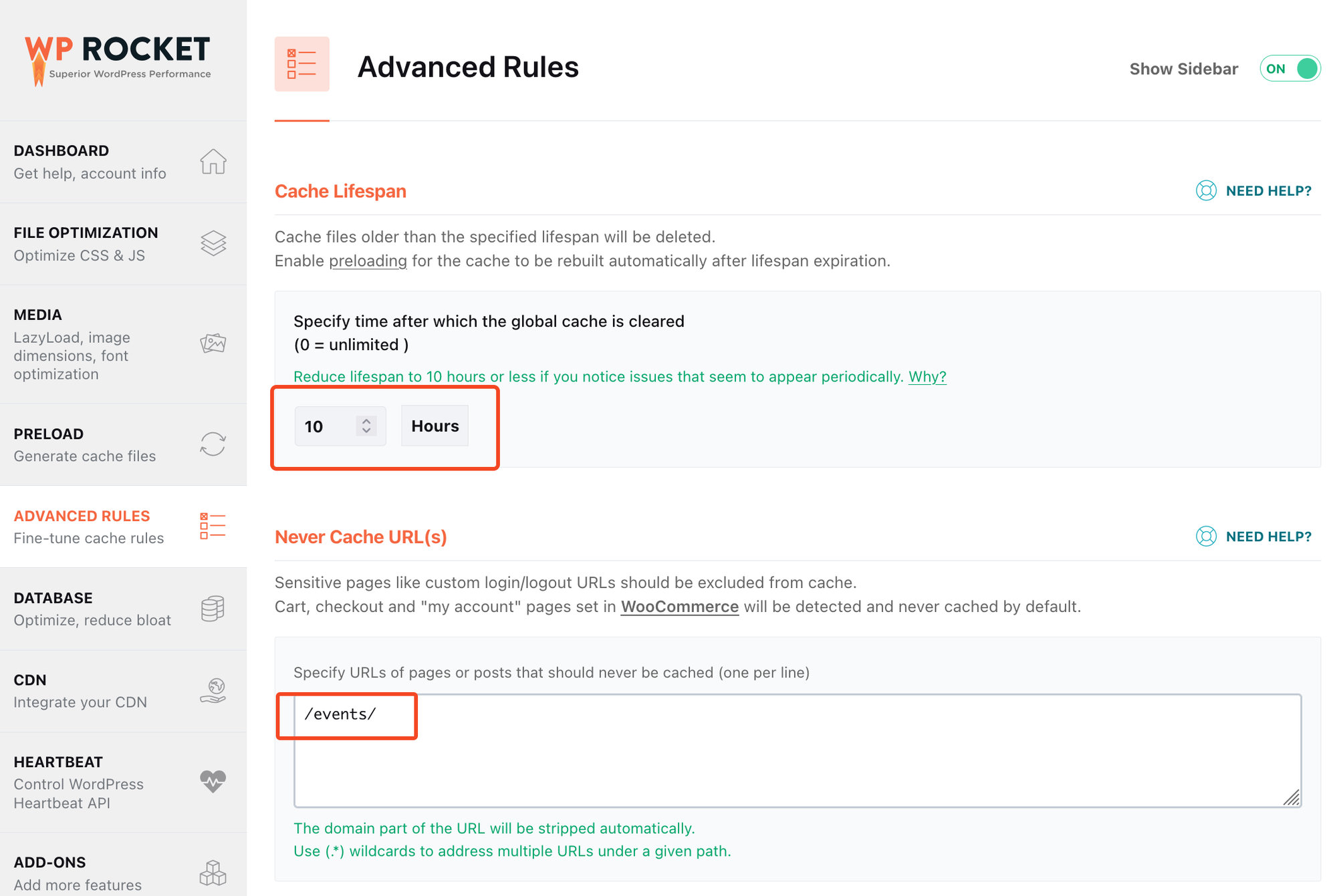 WP Rocket Advanced Rules - Never Cache This Page and Cache Lifespan settings