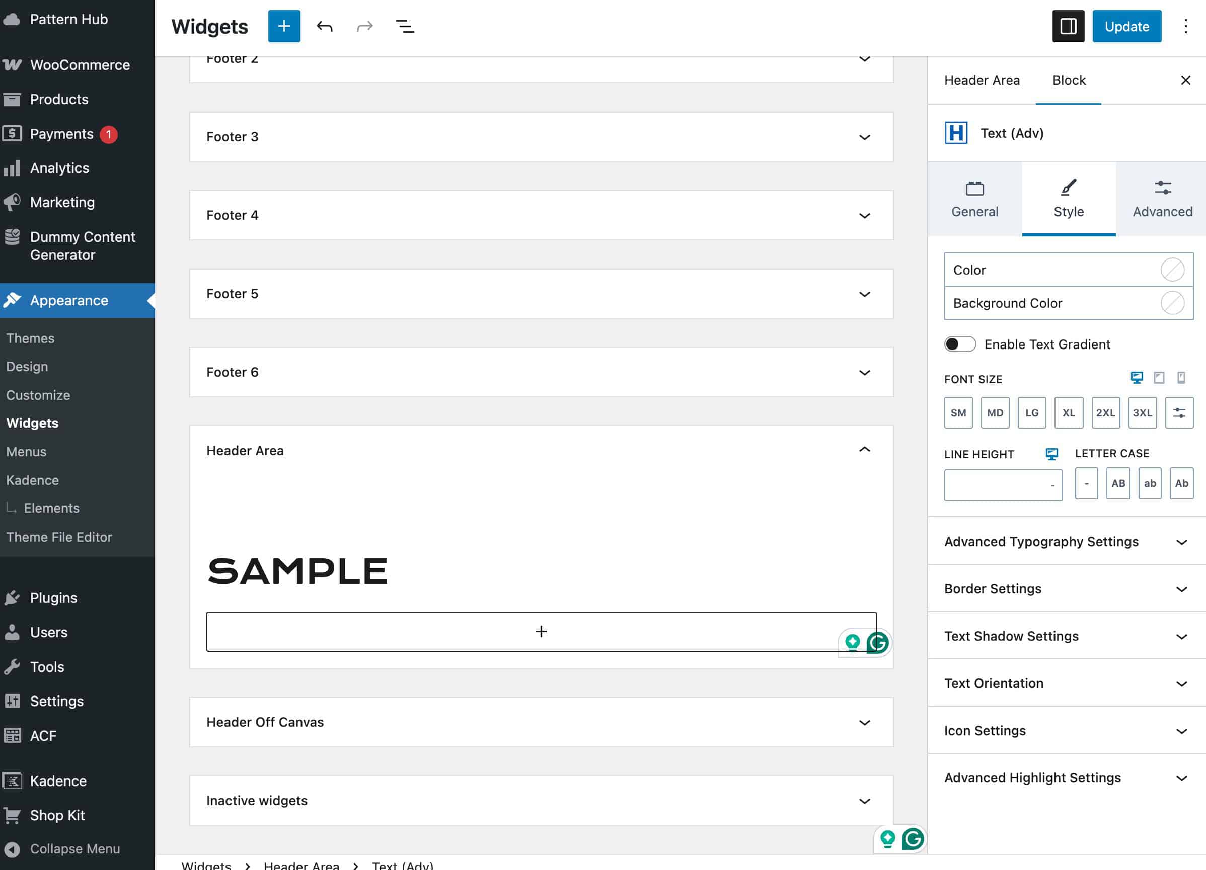 Widget Area editor