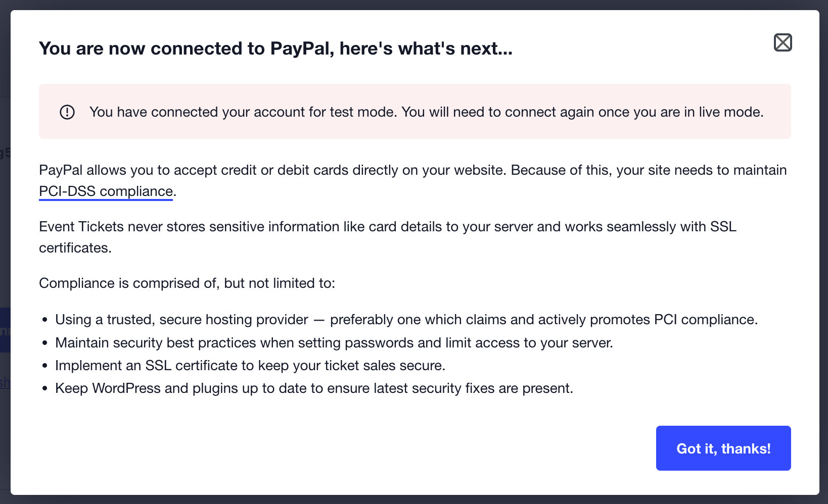 PayPal Sandbox connected confirmation popup