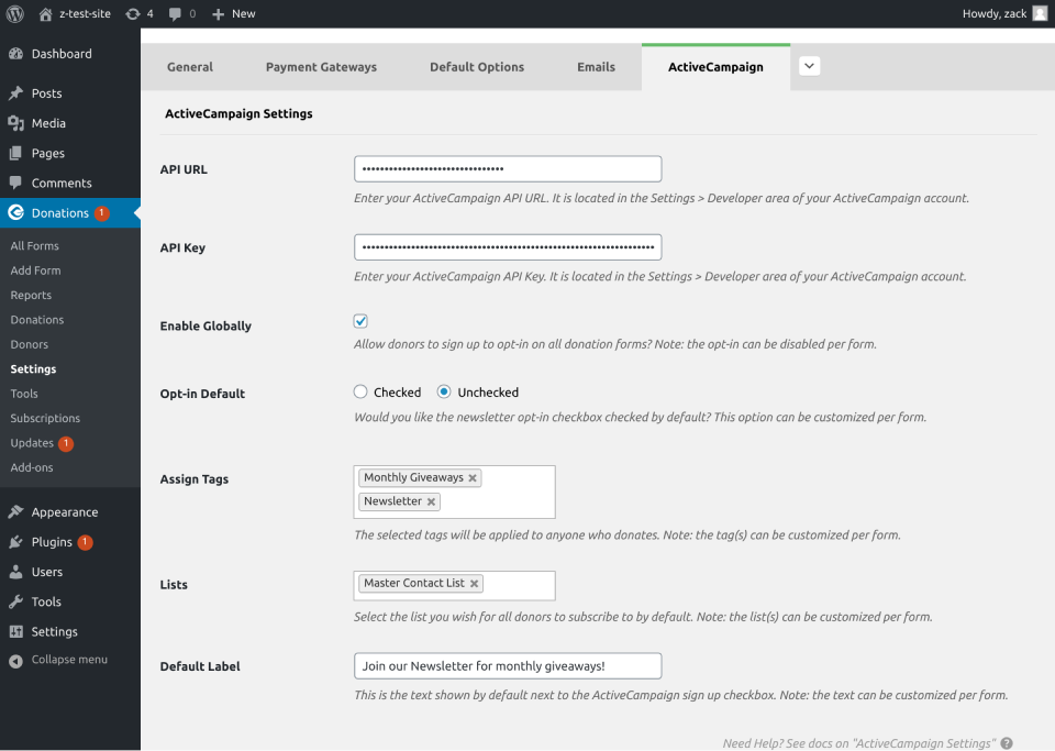 activecampaign global setting for givewp