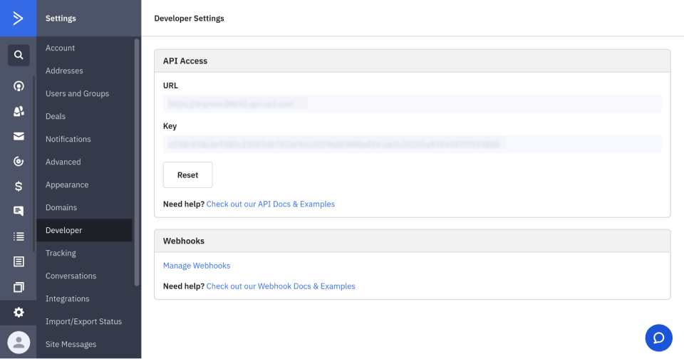 activecampaign settings for developer api url and api key