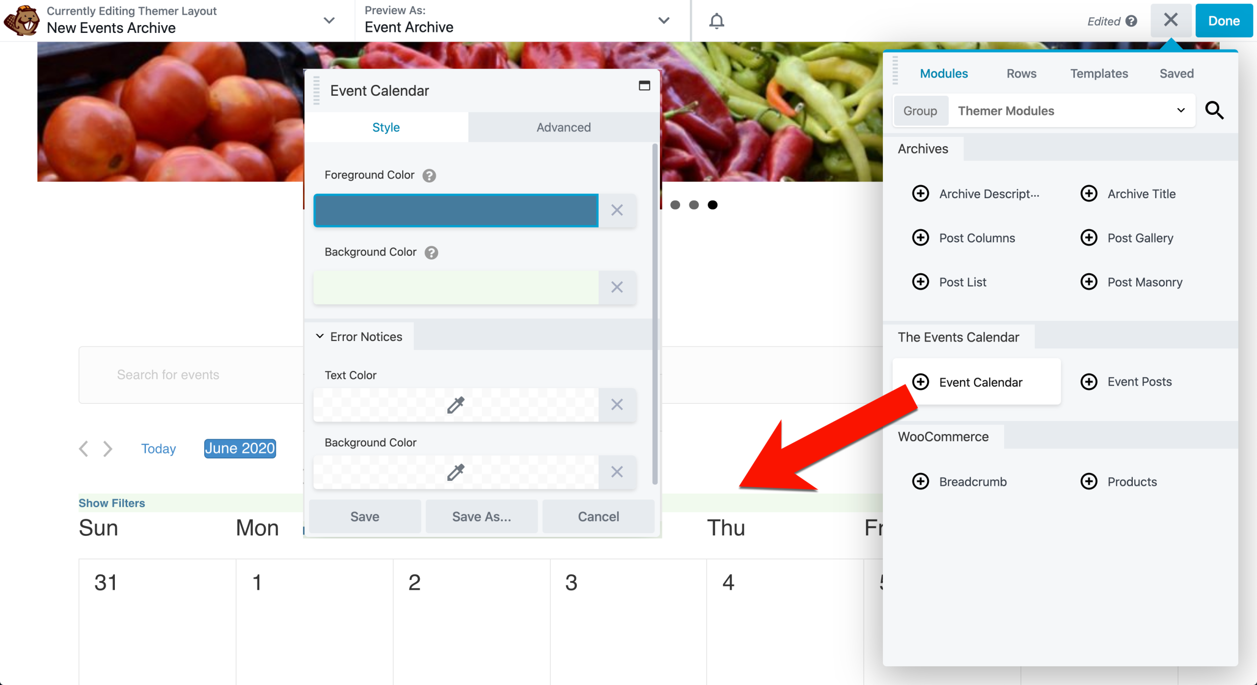 Beaver Builder Event Calendar Archive options