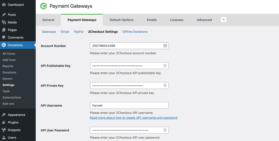 The 2Checkout Settings page