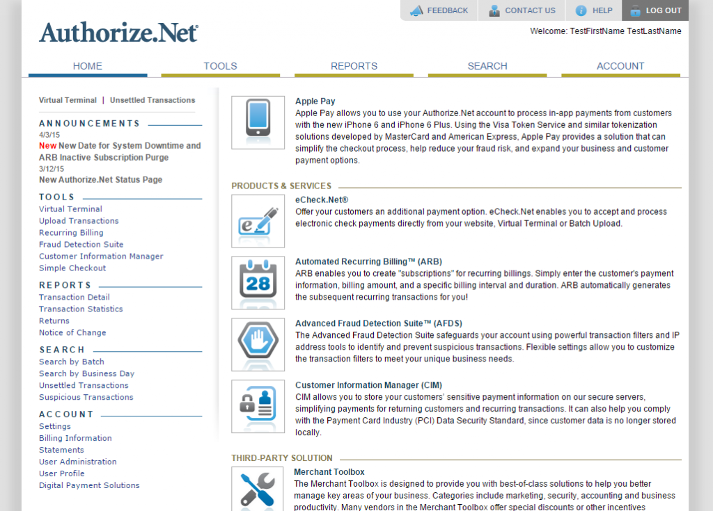 Authorize.net Dashboard
