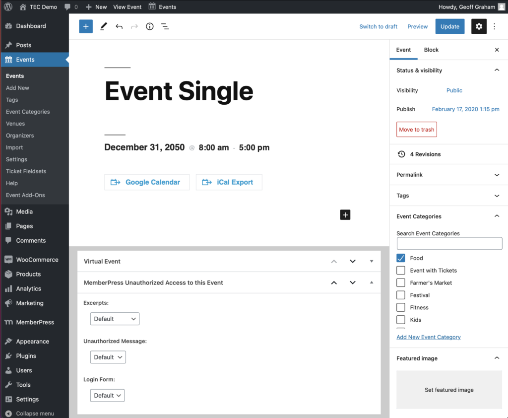 Single Event page with added membership