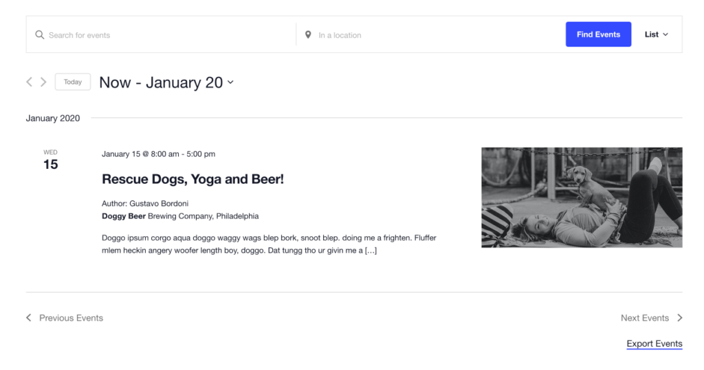 The List view after the hook is added, showing the event author displayed below the title