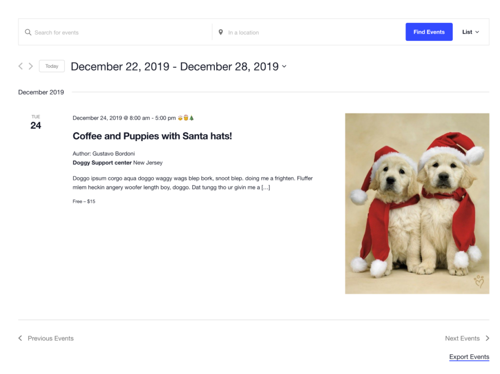 The List view showing Christmas tree emojis added after the date on events falling on December 24th or 25th