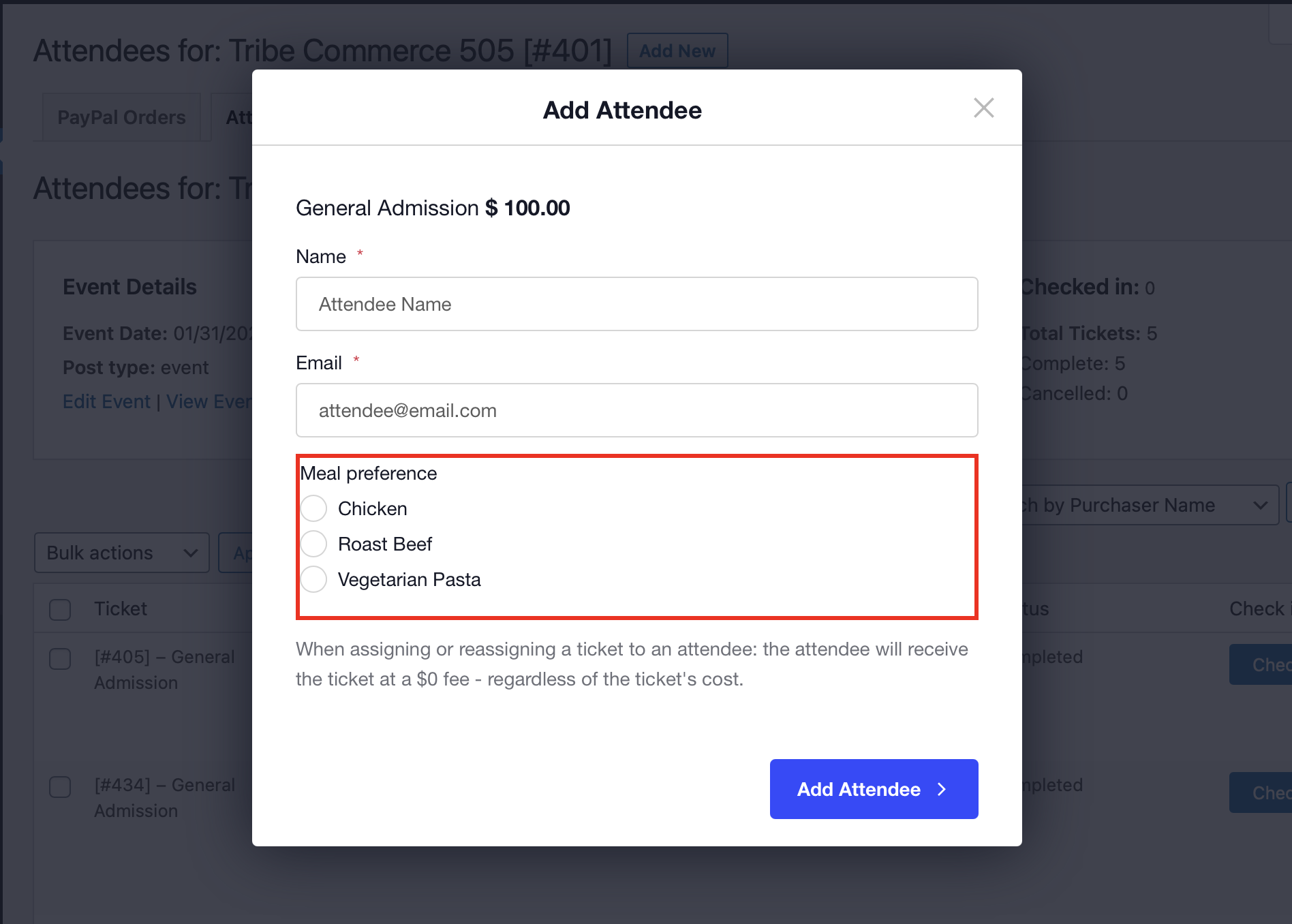 Custom registration fields in the Add Attendee modal