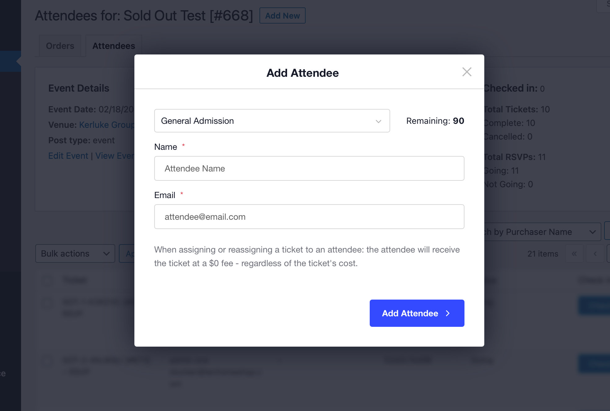 The Add Attendee modal for a ticketed event