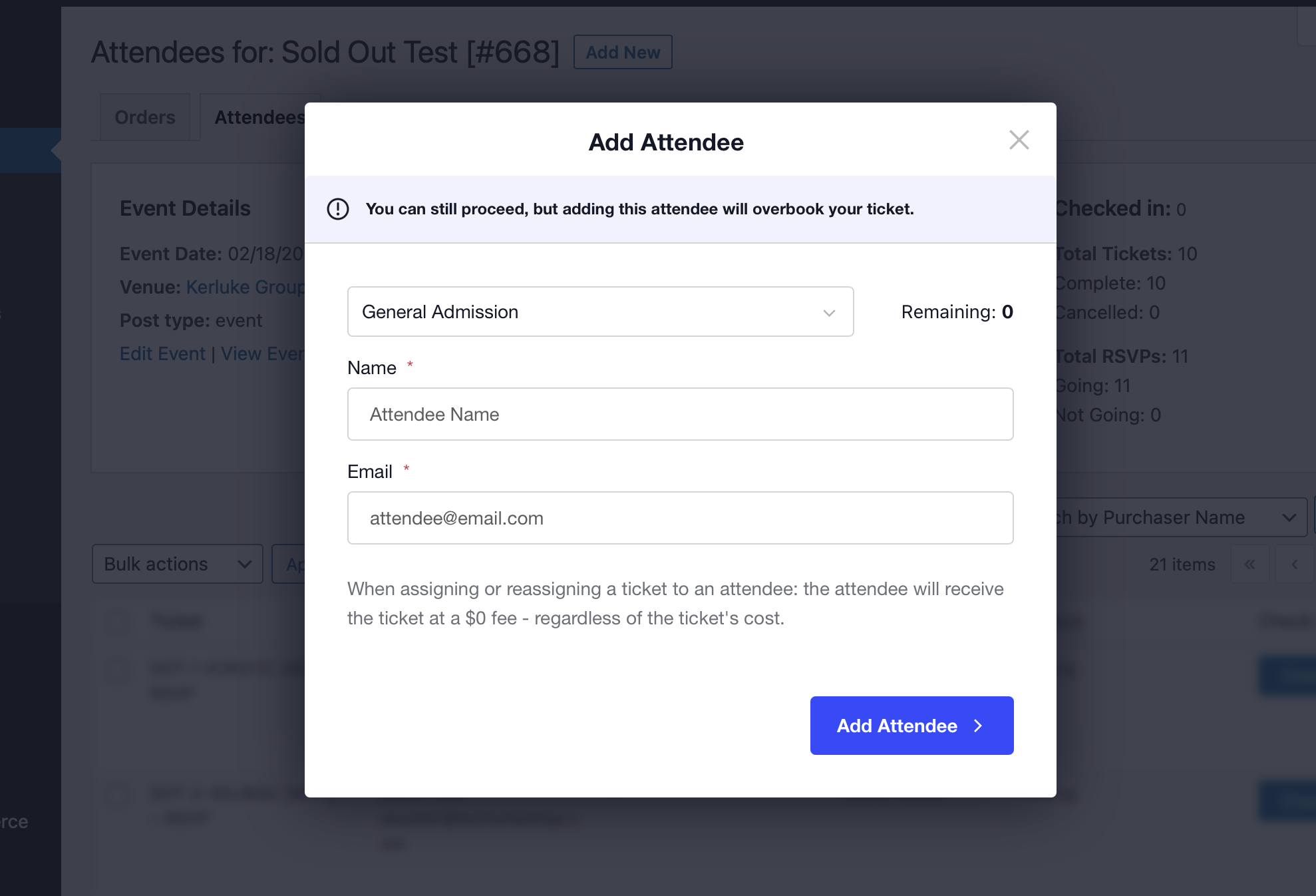 Oversell warning when manually adding an attendee