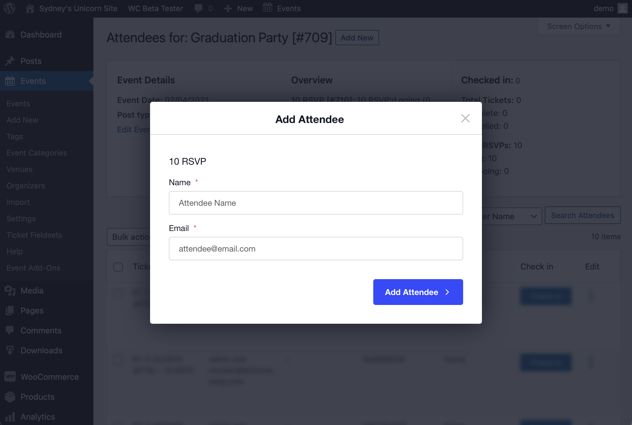 The Add Attendee modal with Name and Email fields