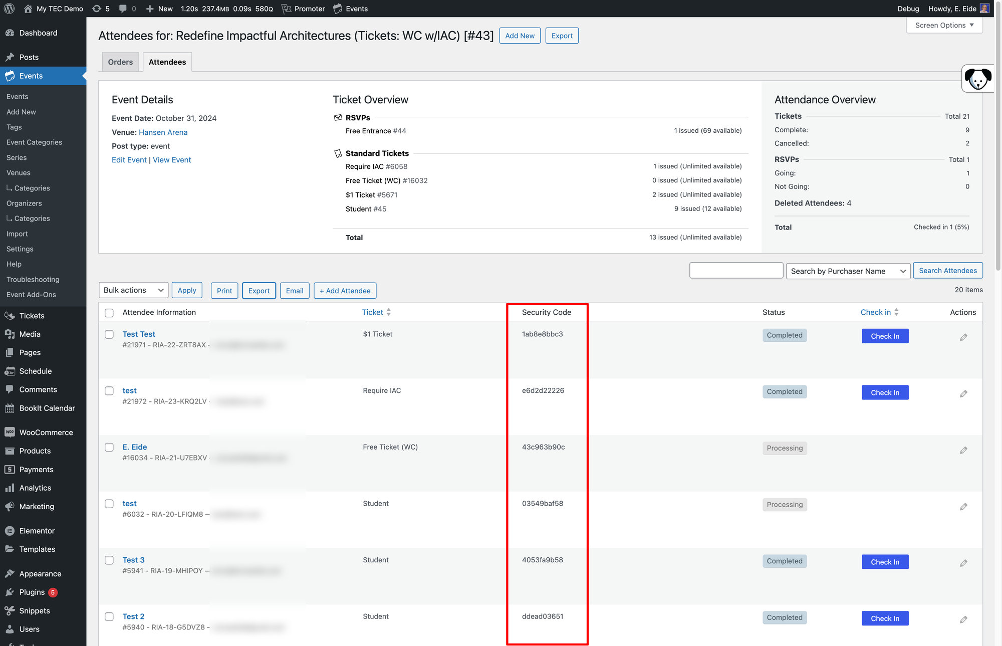 Attendees list showing Security Code column