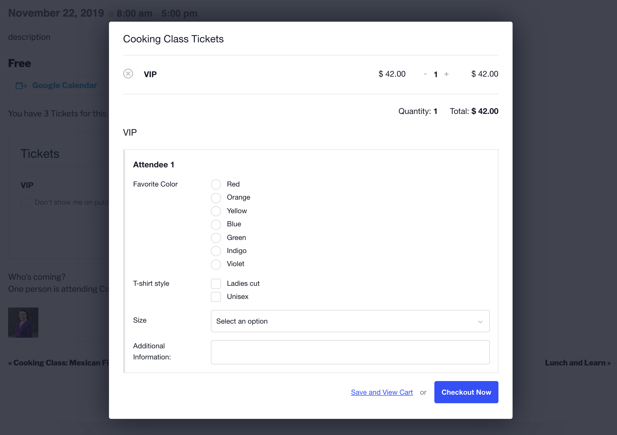 The attendee registration modal appears as a pop-up box while dimming the background of the website.