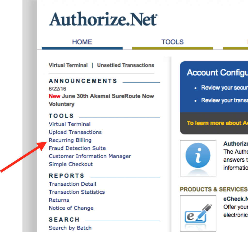 The Recurring Billing section of your Authorize.Net Dashboard