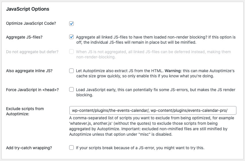 Autoptimize Javascript options. There're a few checkbox options provided by Autoptimize and a text field labeled "Exclude scripts from Autoptimize". You should put the address of the folder where our plugins are installed on this input. On this way Autoptimize won't optimise javascripts provided by us
