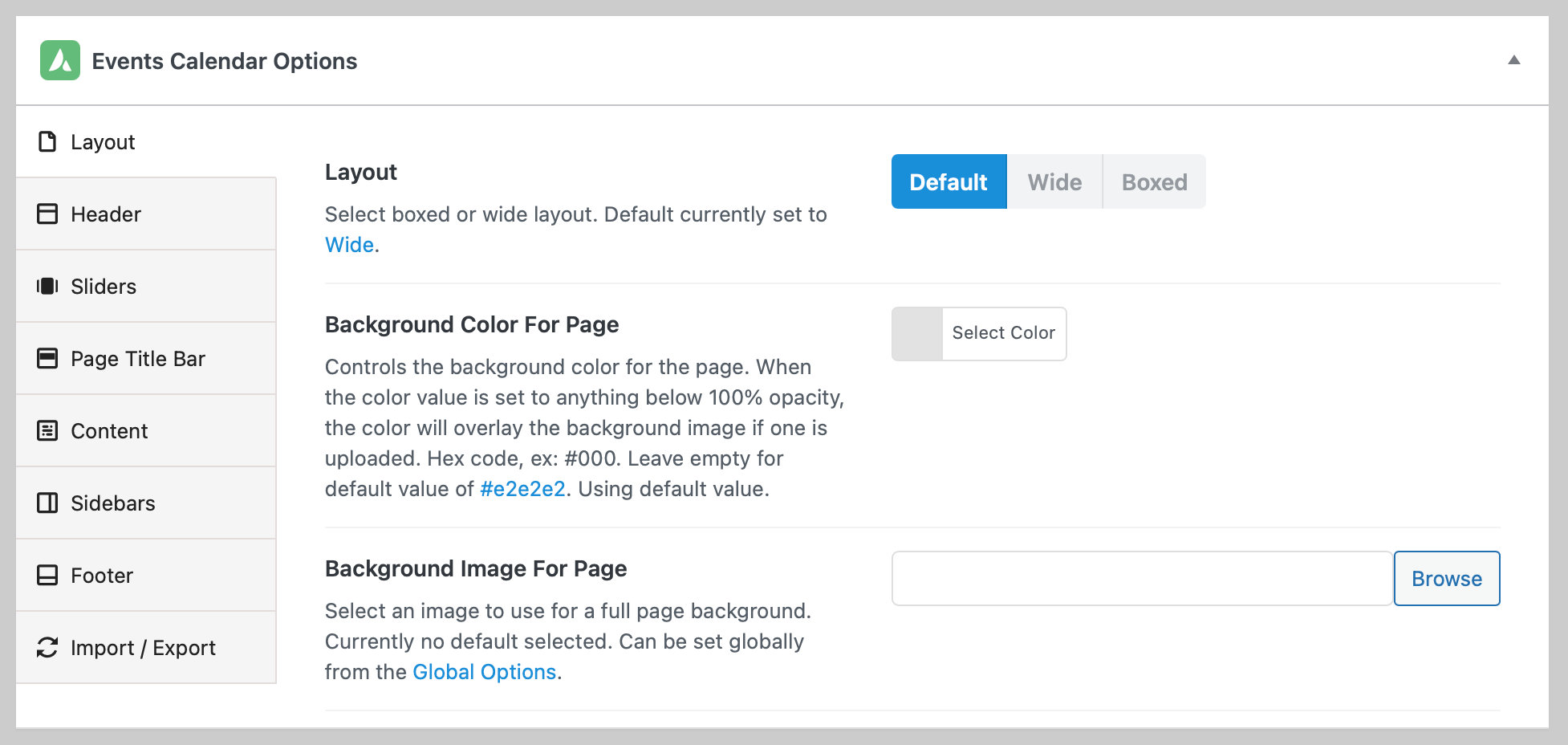 Showing the events calendar options that are available in the WordPress post editor. The options are in a container with a light gray borde. The various options are located in a vertical menu with a light gray background on the left of the container. The individual settings for the selected options are located to the right of the navigation.