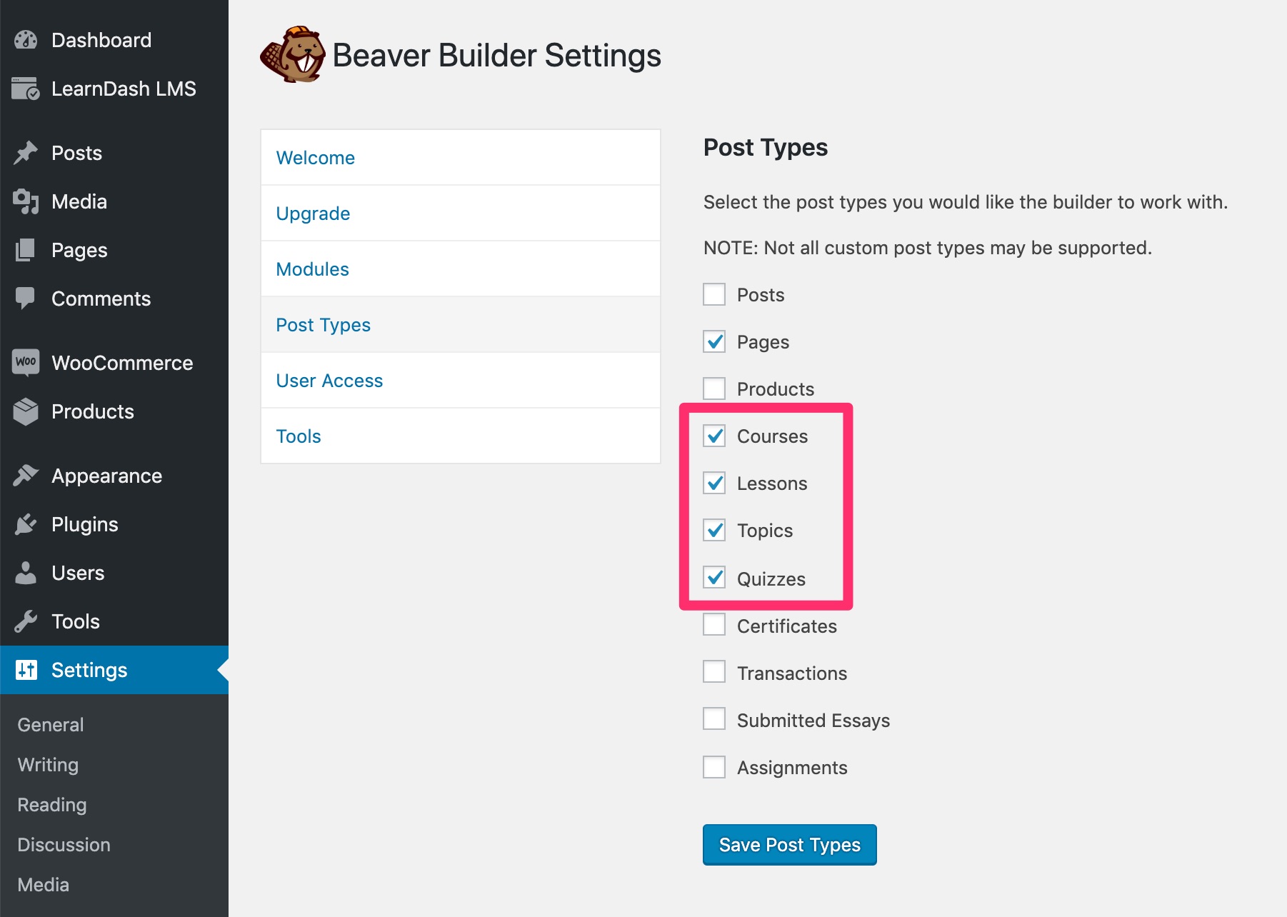 Enable LearnDash post types in Beaver Builder
