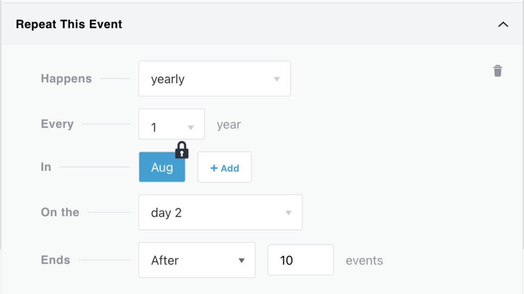 A yearly recurrence rule in the Block Editor