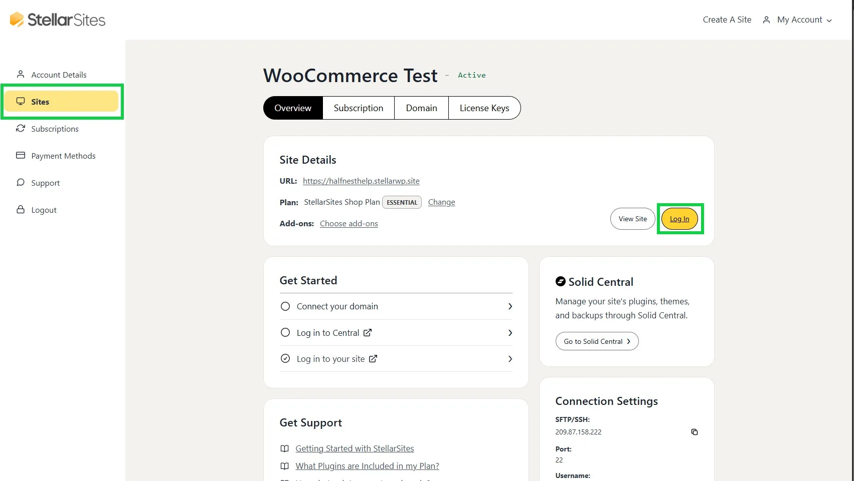 A screenshot of the StellarSites dashboard for a WooCommerce site named 'WooCommerce Test,' showing the site details, plan information, and options to view or log into the site. The sidebar highlights the 'Sites' section, and there are options for managing plugins and settings in Solid Central, as well as connection settings for the site.