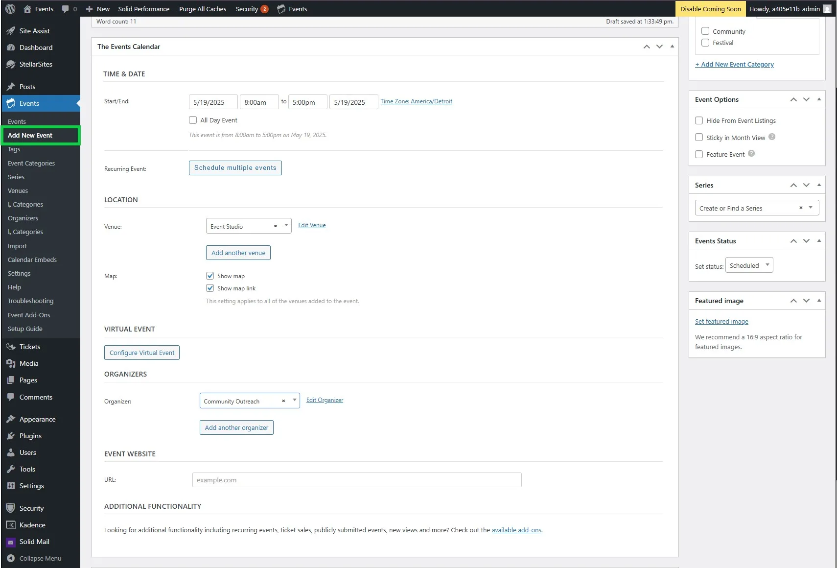 Screenshot of a WordPress admin dashboard featuring the 'Add New Event' page from 'The Events Calendar' plugin. It displays fields for setting event time and date, location, virtual event options, organizers, and event website. Additional settings include event categories and status options on the right sidebar.