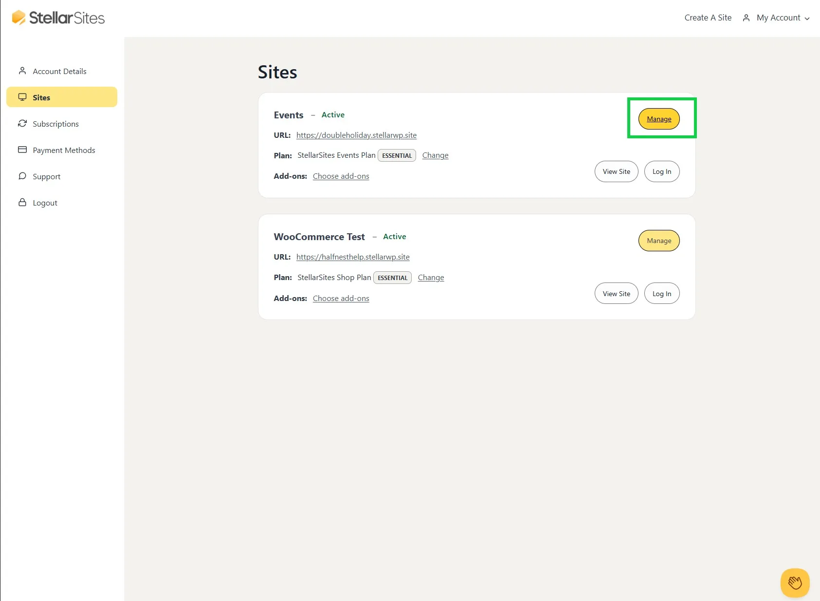 A StellarSites dashboard showing site management options for two sites: 'Events' and 'WooCommerce Test.' Both sites display as active with links to their URLs, current plans, options to change plans, and add-ons. Each site entry has buttons to manage, view the site, and log in.