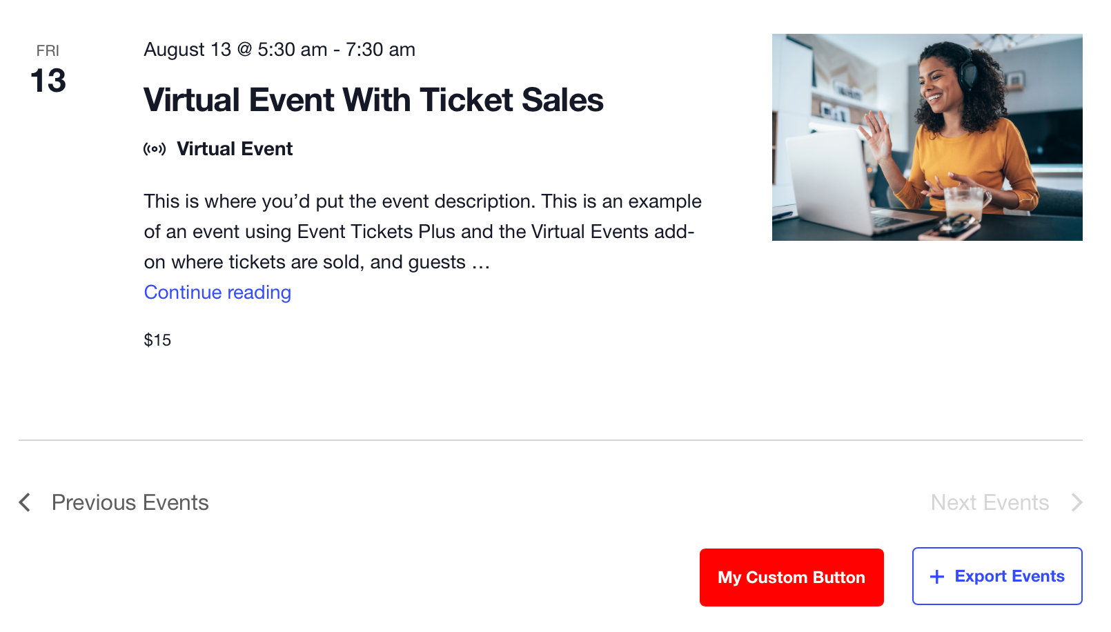 A custom button in the calendar footer with a red background, while the adjacent Export Events button remains blue