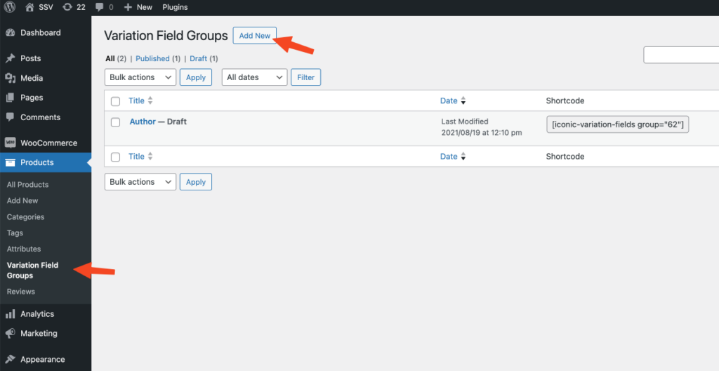 custom fields for variations add new