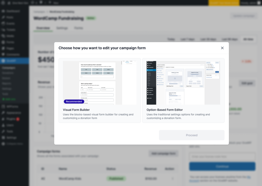Modal shows the two donation form editors and asks to select which one you want to use