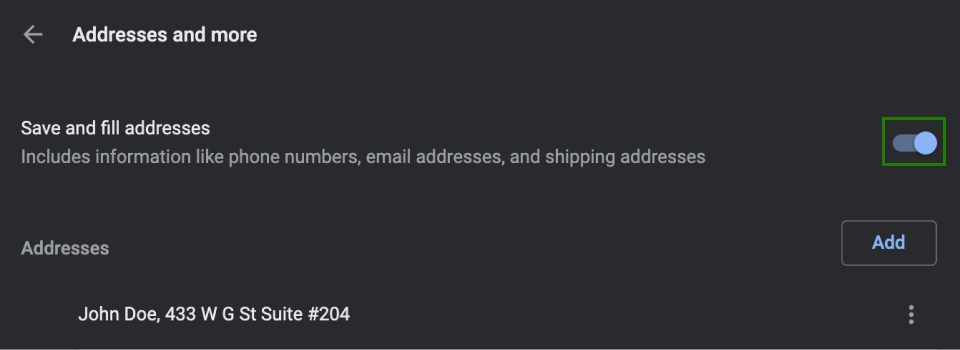 user's saved addresses available on Google Chrome