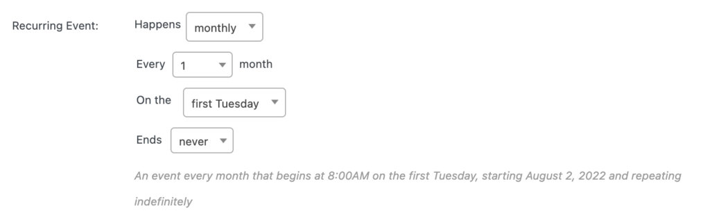 A monthly recurring event rule in the Classic Editor