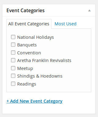 This image is displaying a list of event categories for users to select from, as well as the option to add a new event category.