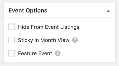The image is displaying options that allow users to hide certain events from event listings, make them "sticky" in the month view, or feature an event.