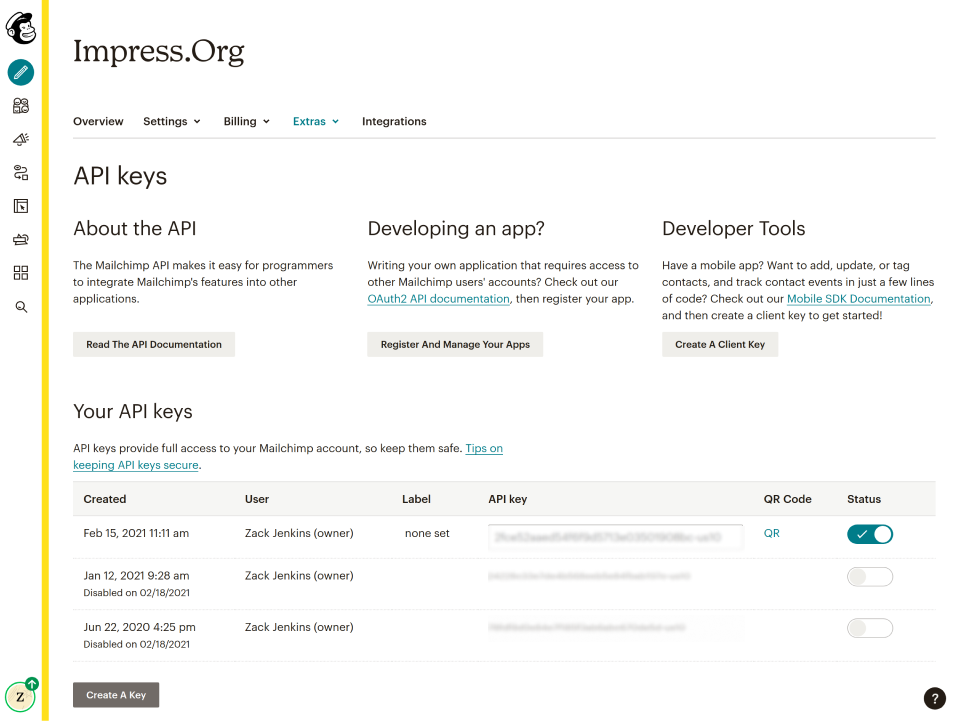 creating API Keys in MailChimp