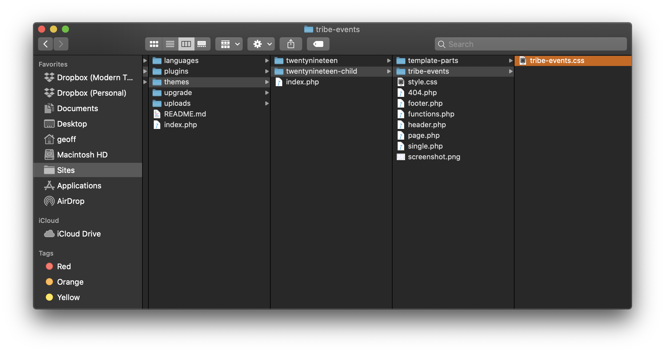 The tribe-events folder containing a tribe-events.css file