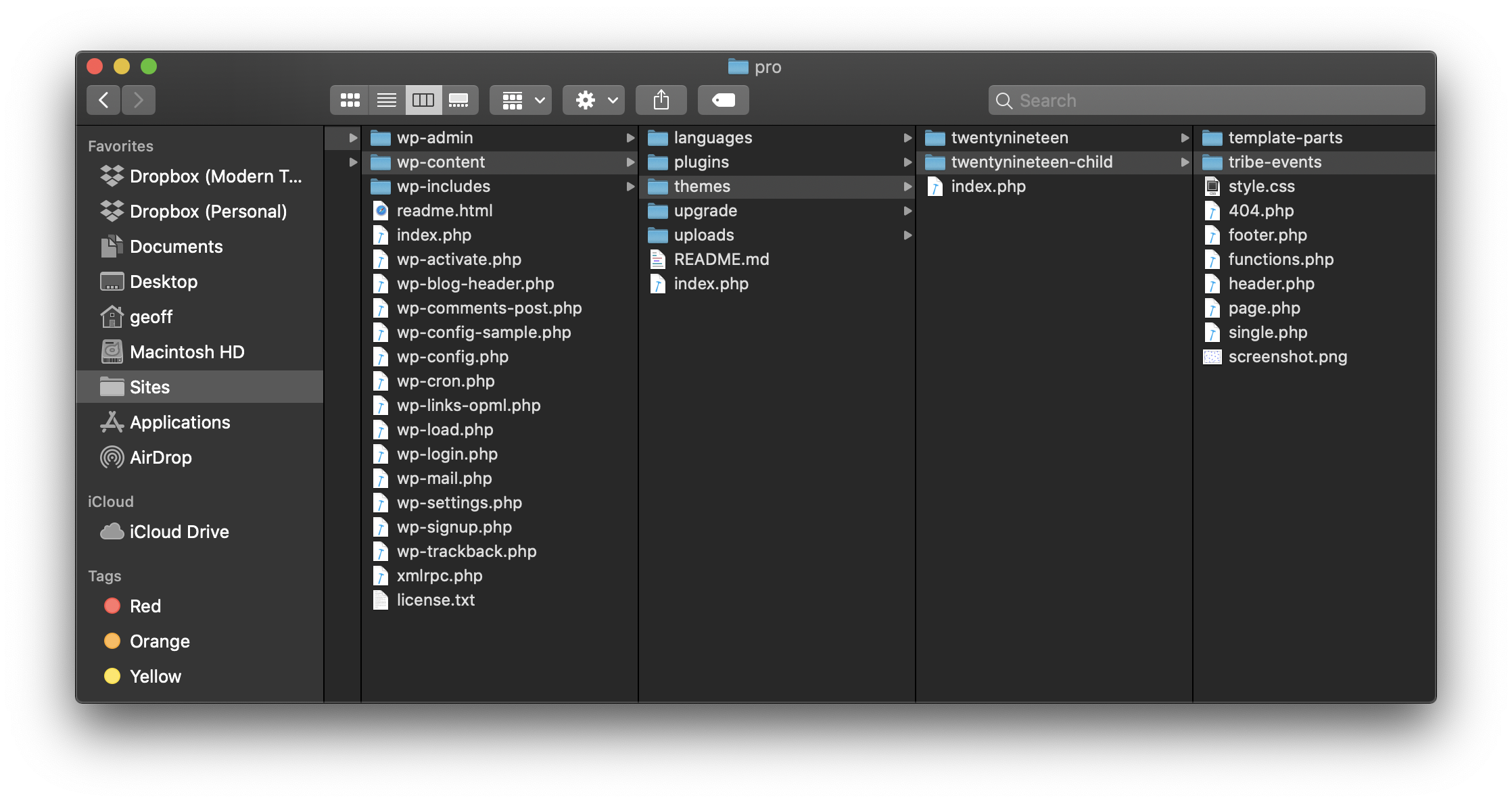 A theme folder with a tribe-events subfolder inside it