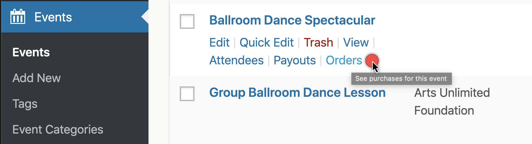 The Orders option when hovering over an event