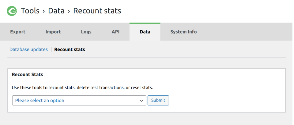 GiveWP Data tab that shows how to recalculate donation stats